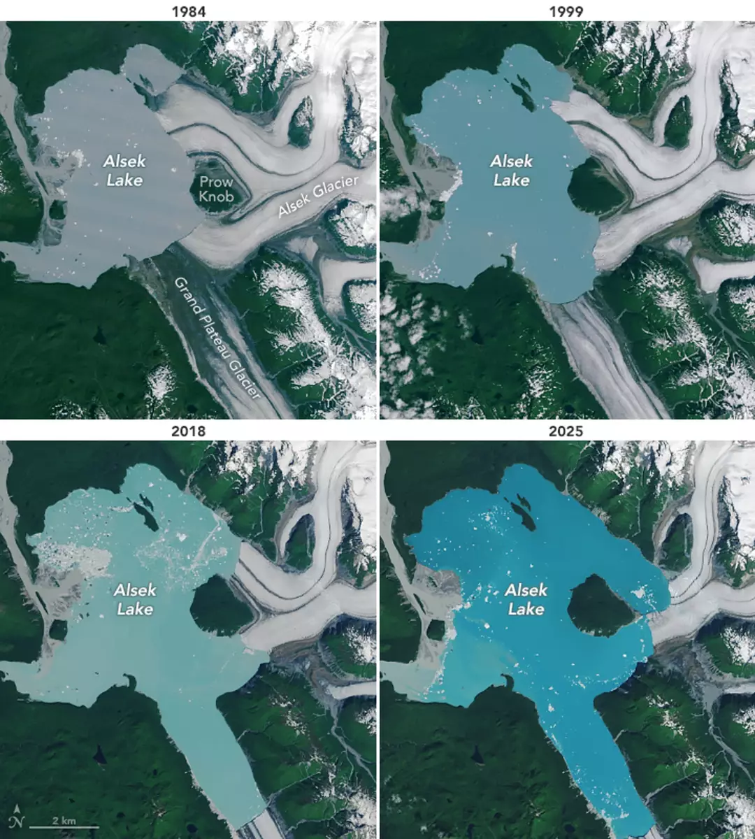 NASA emite um alerta após o surgimento de uma nova ilha no Alasca O lago ao longo do tempo, de 1984 a 2025 (NASA)