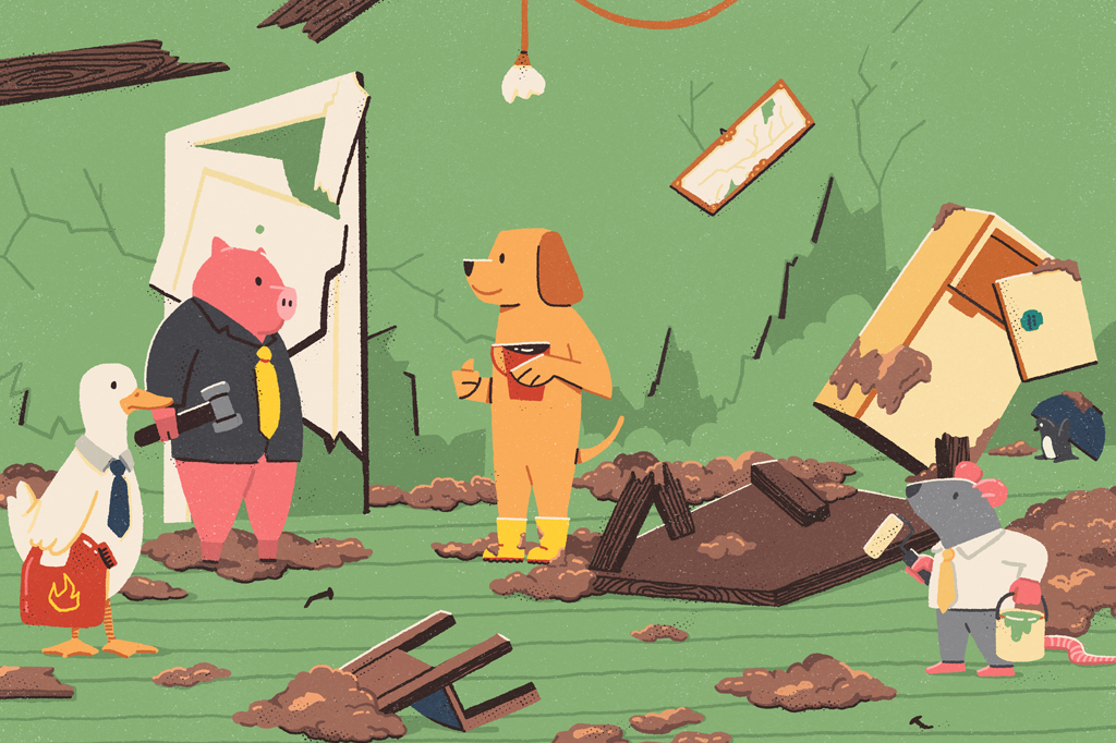 Ilustração cômica, em fundo verde, de um cachorro, de pelo marrom, segurando uma caneca, de pé, numa sala toda danificada. Acompanhado de um porco cinza, usando uma gravata amarela e carregando um martelo. Um pato, usando gravata cinza, carregando um galão vermelho e um rato, usando gravata amarela, carregando um balde e um rolo de tinta.