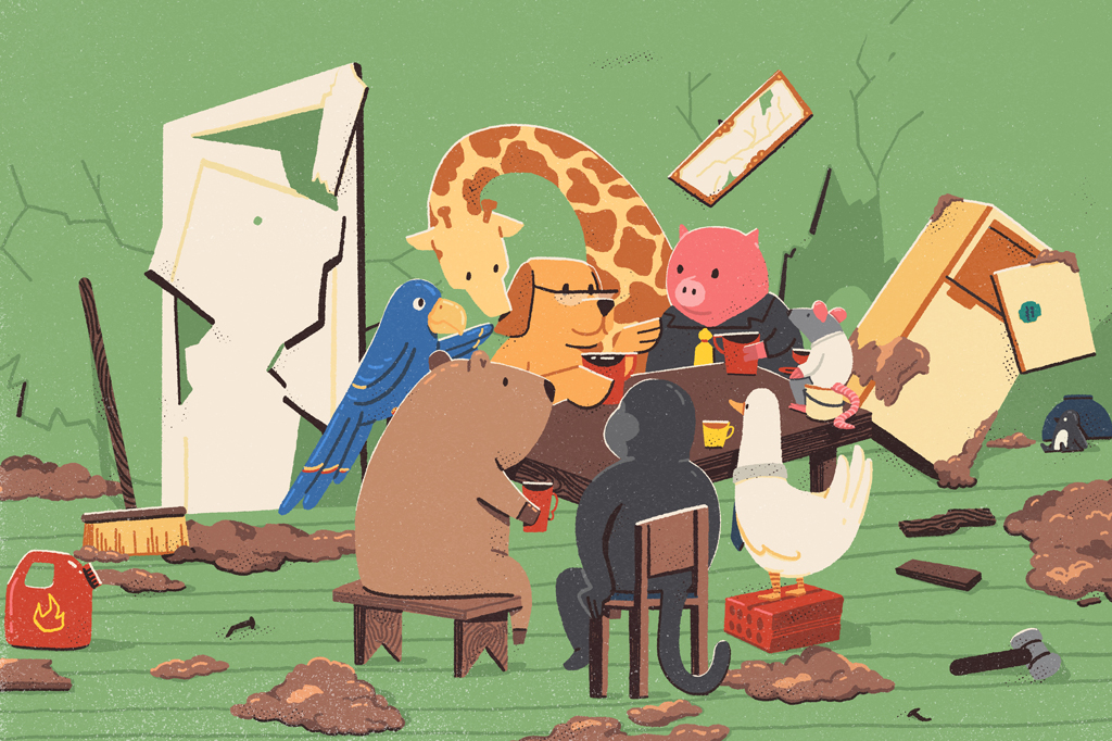 Ilustração cômica, em fundo verde, de um cachorro, de pelo marrom, usando óculos, reunido com outros bichos – uma arara azul, uma girafa, um macaco, um pato, um rato, um porco e uma capivara – numa mesa.