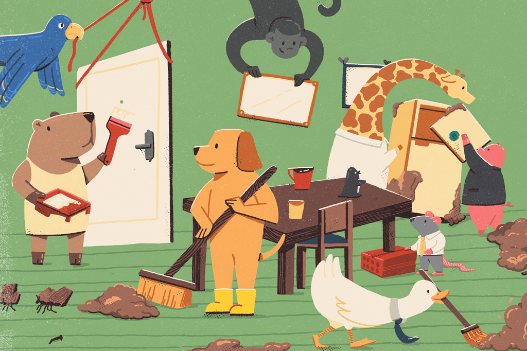 Ilustração cômica, em fundo verde, de um cachorro, de pelo marrom, usando botas amarelas e carregando uma vassoura, reunido com outros bichos – uma arara azul, uma girafa, um macaco, um pato, um rato, um porco e uma capivara – limpando uma sala suja.