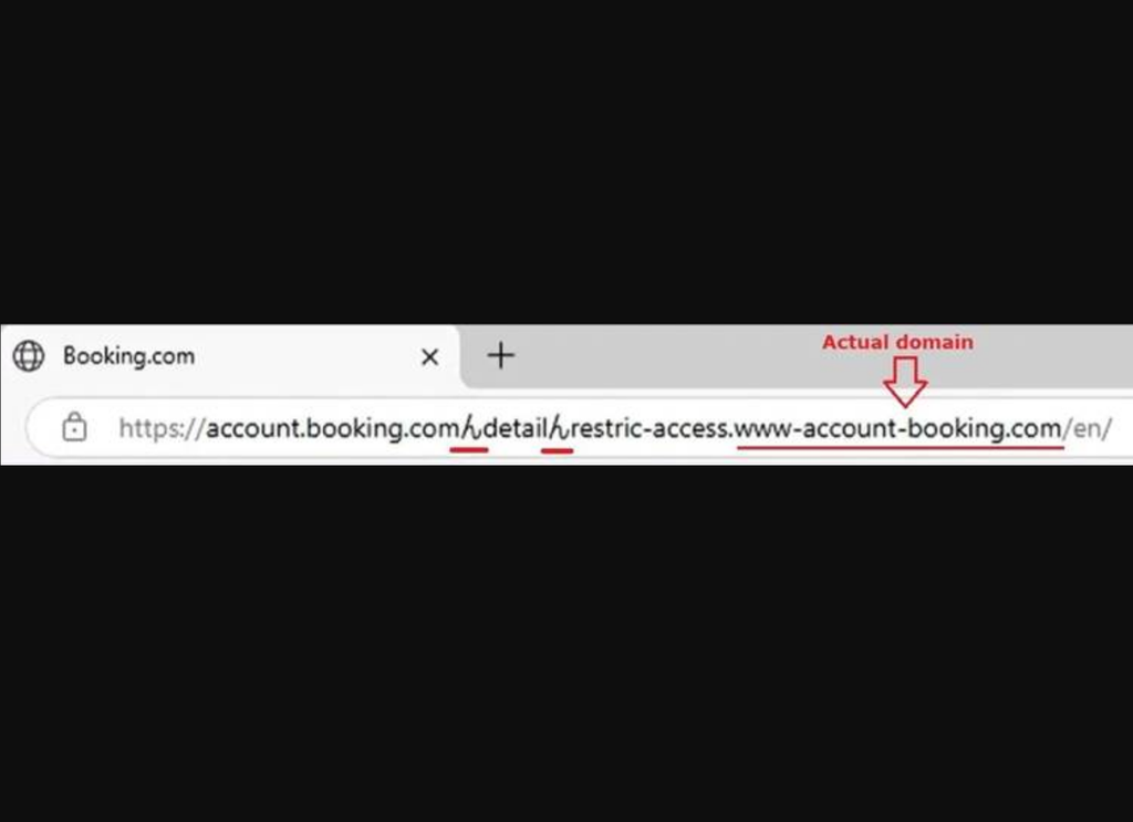 Neste caso de spoofing de URL, o endereço do Booking.com foi imitado com um caractere japonês que se assemelha à barra (Imagem: gbhackers) 