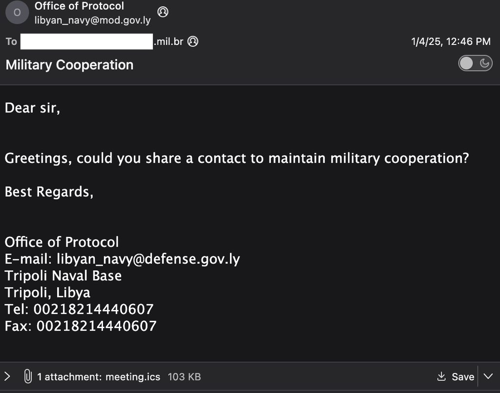 Tentativa de ataque por e-mail a instituições militares brasileiras por hackers buscando explorar a falha da Zimbra (Imagem: StrikeReady/Divulgação)