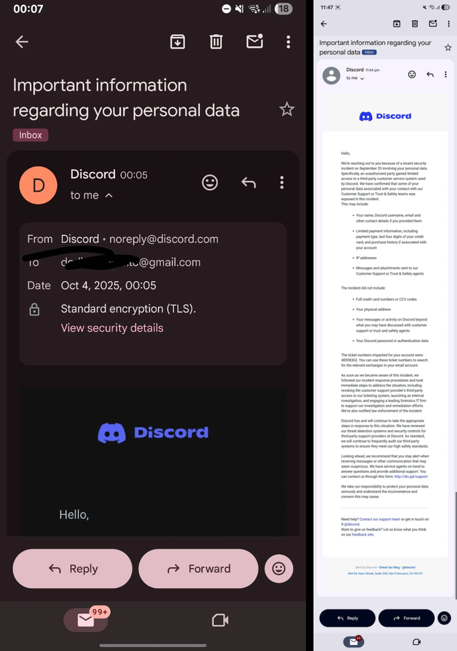 O Discord informou os usuários afetados pelo seu e-mail de suporte oficial, com usuários preocupados comentando o incidente no Reddit (Imagem: Discord/Reddit)
