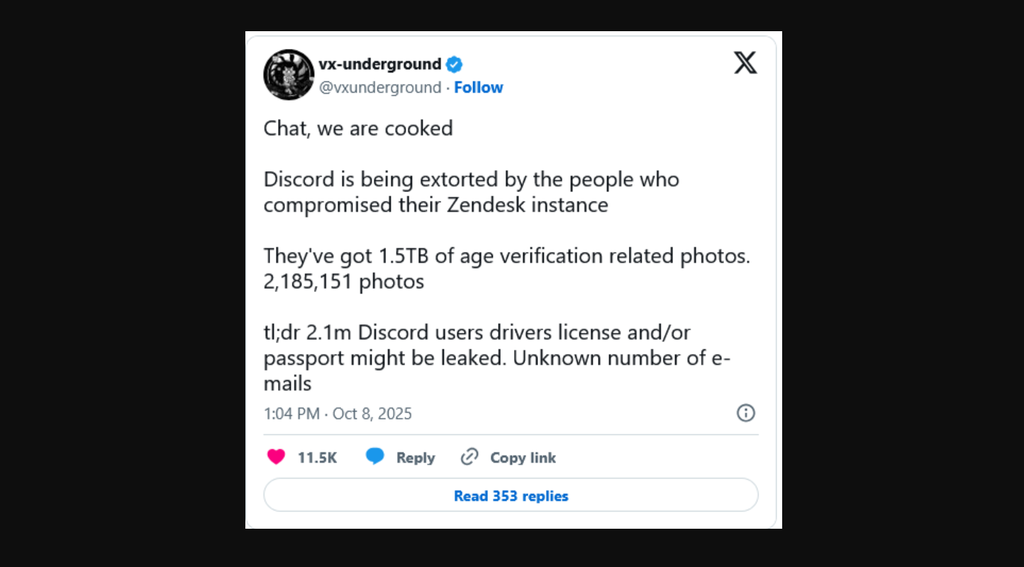 Postagem do repositório vx-underground afirmando que mais dados vazaram do que o comunicado pelo Discord; vale lembrar que a Zendesk negou envolvimento no incidente (Imagem: vx-underground/X/Reprodução)
