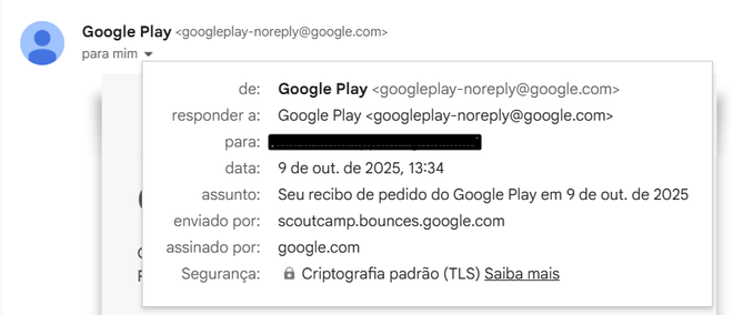 Ao clicar na seta para baixo no Gmail, você consegue ver o cabeçalho do e-mail, como demonstrado na imagem: sempre verifique se o remetente está correto (Imagem: Lillian Sibila/Canaltech)