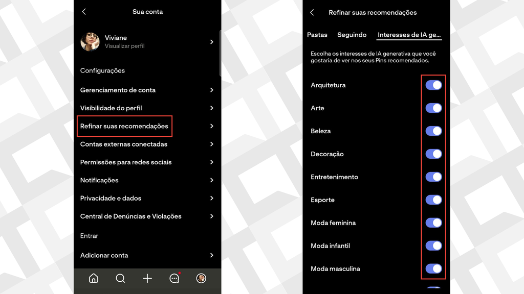 Passos para ajustar preferências de IA no Pinterest