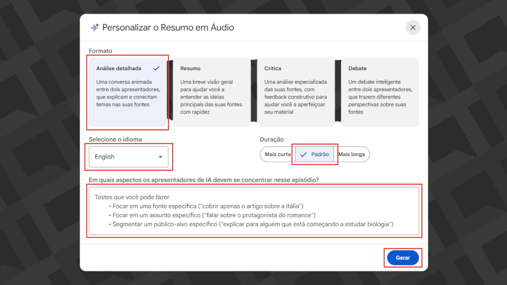 Resumo em Áudio no NotebookLM