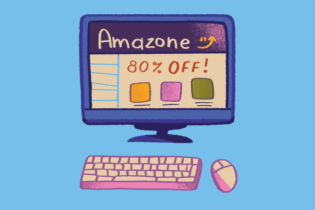 Ilustração, em fundo azul, de um computador com a tela num site de compras on-line.