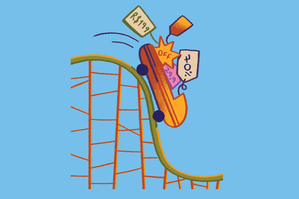 Ilustração, em fundo azul, de um carrinho de montanha-russa descendo pelos trilho carregando etiquetas de preços.
