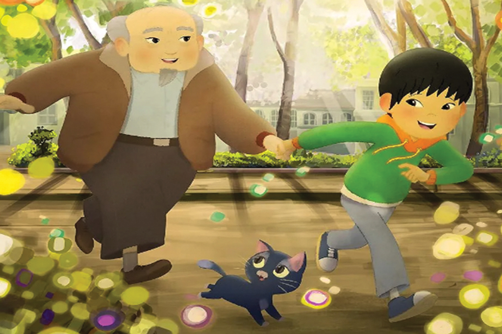 Imagem da animação Eu e Meu Avô Nihonjin. Vê-se um garoto segurando a mão de seu avô, correndo e acompanhado de um gato preto.