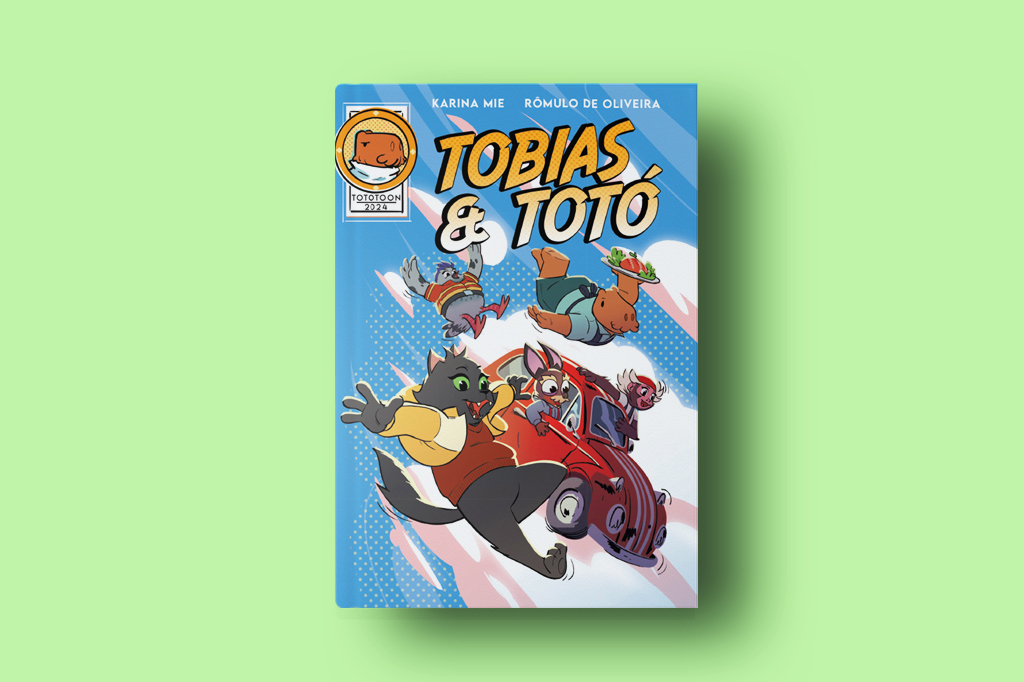 Imagem, em fundo verde limão, da HQ Tobias & Totó.