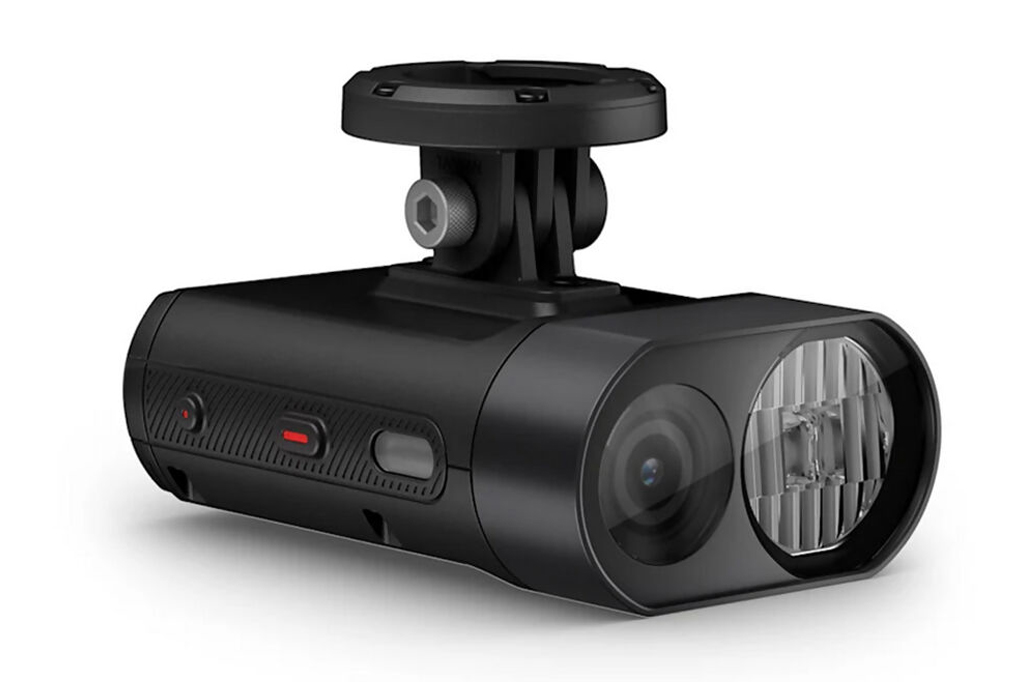 Imagem, em fundo branco, de uma câmera preta para bicicletas.