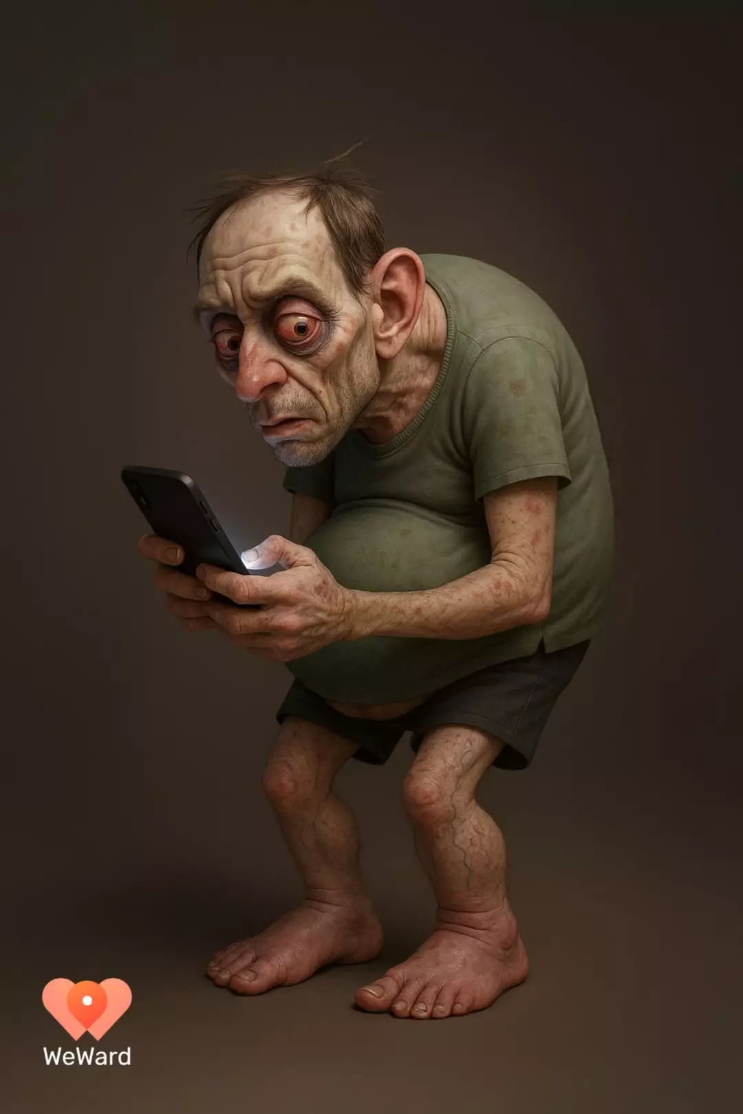 Sam é, supostamente, um cidadão de 2050 que passou tempo demais rolando as telas de seus dispositivos eletrônicos (WeWard)