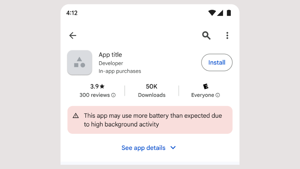 Alerta de alto consumo de bateria na Play Store