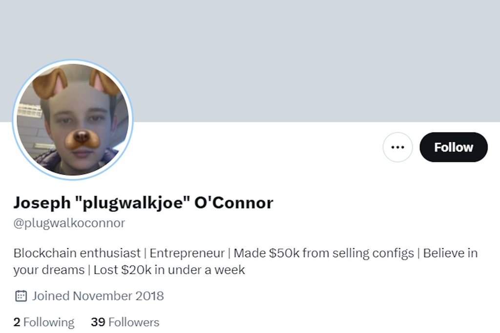 De nickname PlugWalkJoe, O'Connor invadiu contas no X e as usou para aplicar golpes evolvendo bitcoin: seu perfil ainda existe na rede social (Imagem: X/Reprodução)