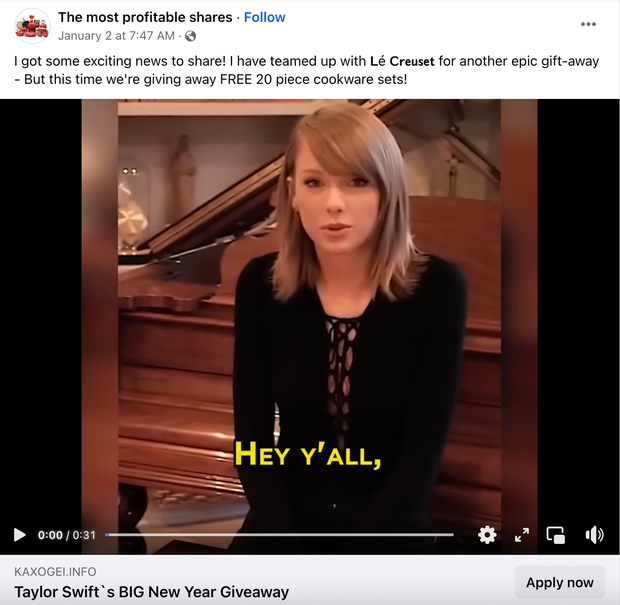 Um golpe recente envolveu vídeo deepfake da cantora Taylor Swift oferecendo panelas de luxo, fazendo estadunidenses passarem seus dados pessoais e até números de cartão (Imagem: Facebook)