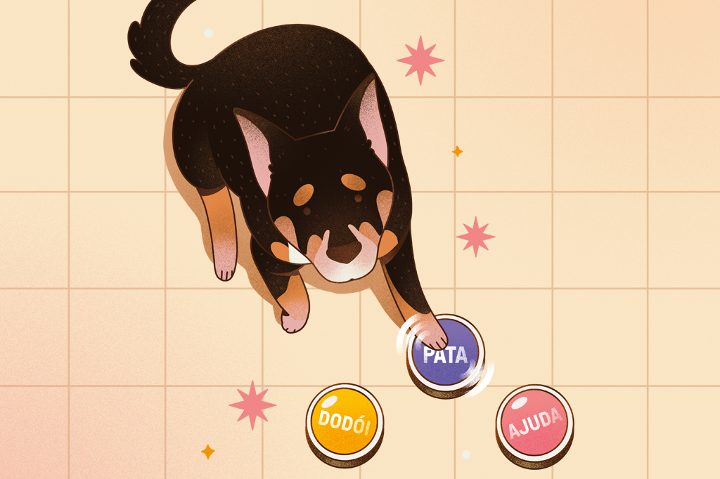 Ilustração, vista de cima, de um cachorro de pelo preto e marrom, apertando um botão roxo, com sua pata. Vê-se, também, um piso quadriculado e mais dois botões.