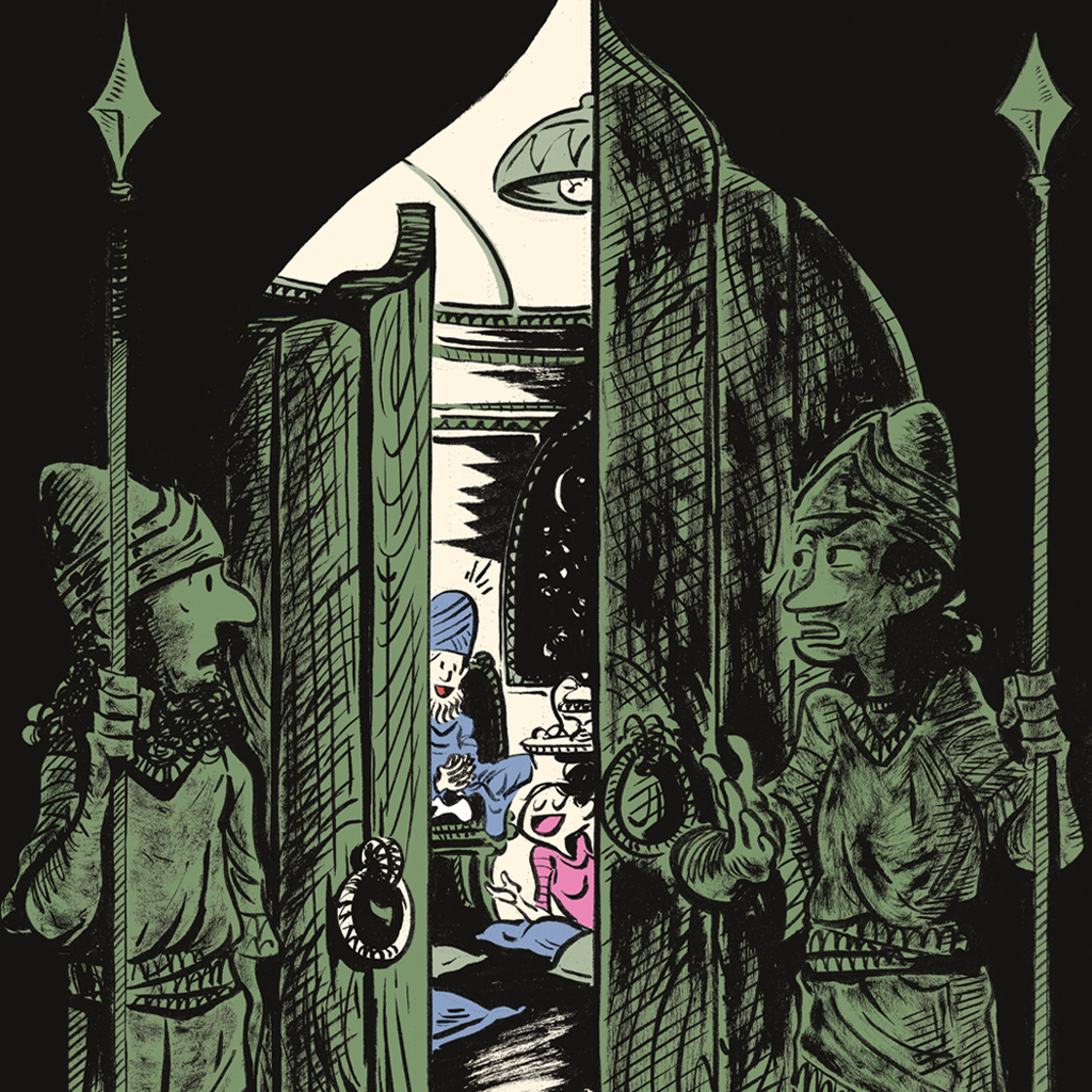 Ilustração, de dois soldados conversando, segurando lanças e guardando uma porta. Ao fundo, vê-se um adulto conversando com uma criança.