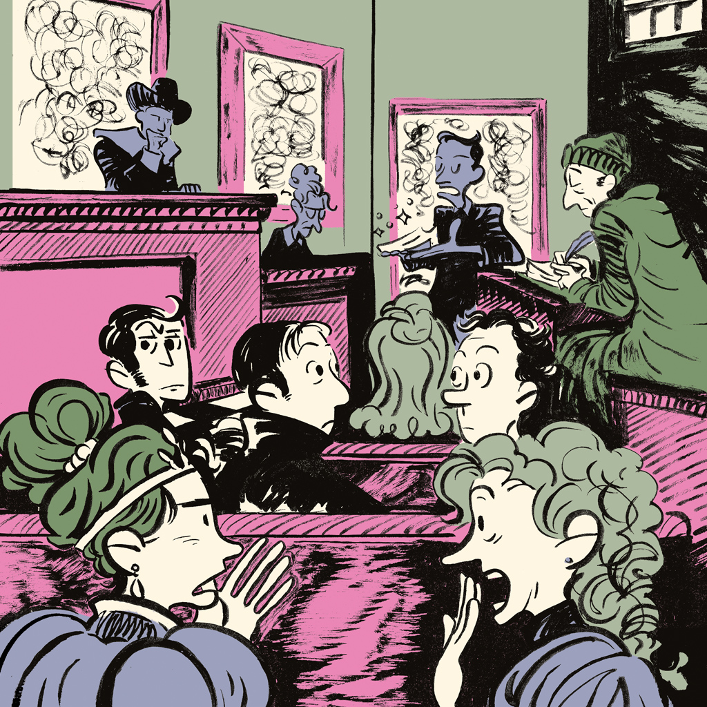 Ilustração de um grupo de pessoas num tribunal.