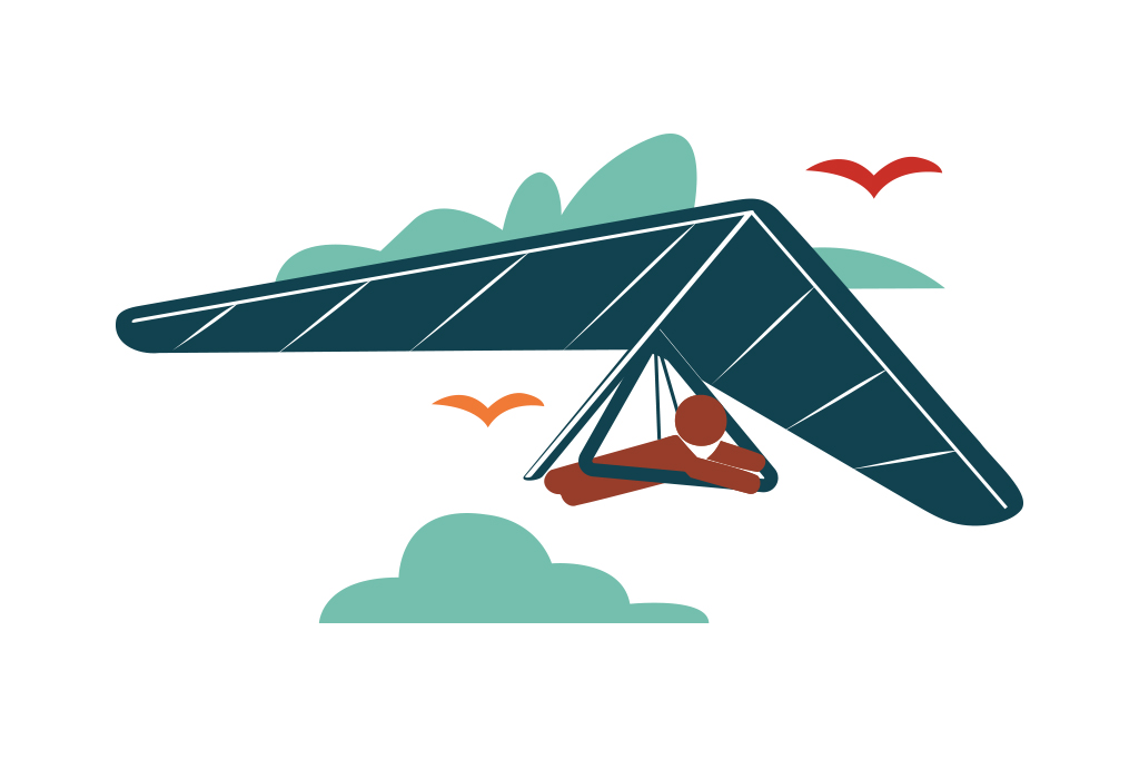 Ilustração, em fundo branco, de uma pessoa voando de asa delta.