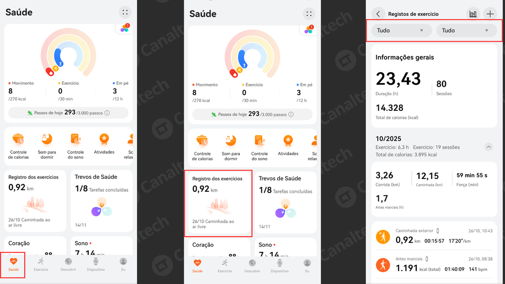 Como acessar as atividades físicas (Imagem: Captura de tela/Bruno De Blasi/Canaltech)