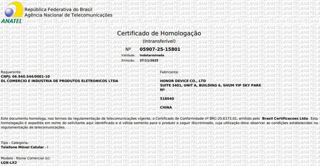 Honor X7d certificado anatel