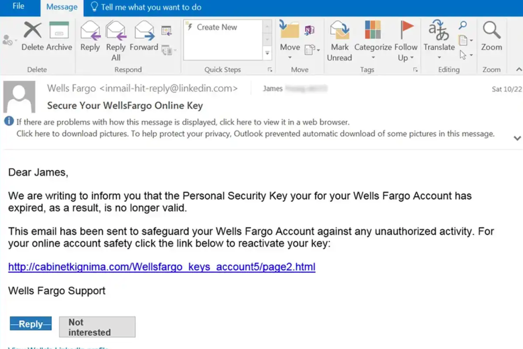 Em tempos antigos, phishing como este da imagem mostravam o link suspeito já na mensagem: atualmente, os links estão disfarçados, então fique atento para onde a URL irá realmente te levar (Imagem: Phishing.org)