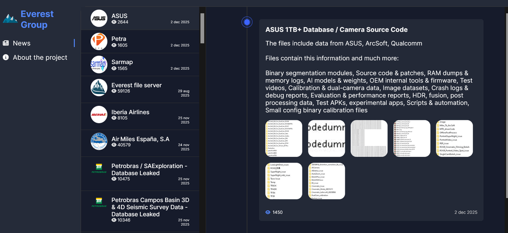 Arquivos no site Tor dos hackers Everest provando a invasão (Imagem: Everest Group)