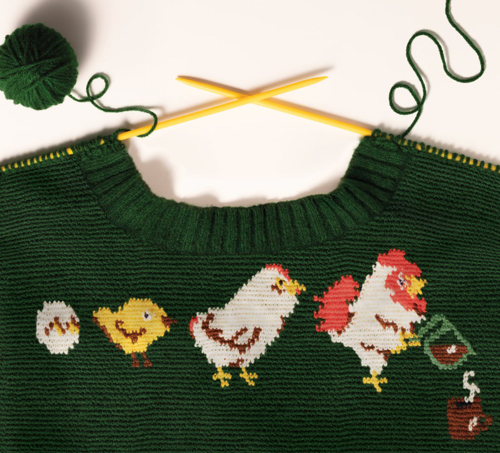 Fotografia do crochê produzido para a capa da revista Superinteressante, ilustração de um ovo, pintinho, galinha e um galo servindo café.