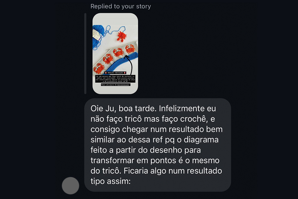 Captura de tela da mensagem enviada pelo Instagram em reposta ao um story procurando pessoas que fazem crochê.