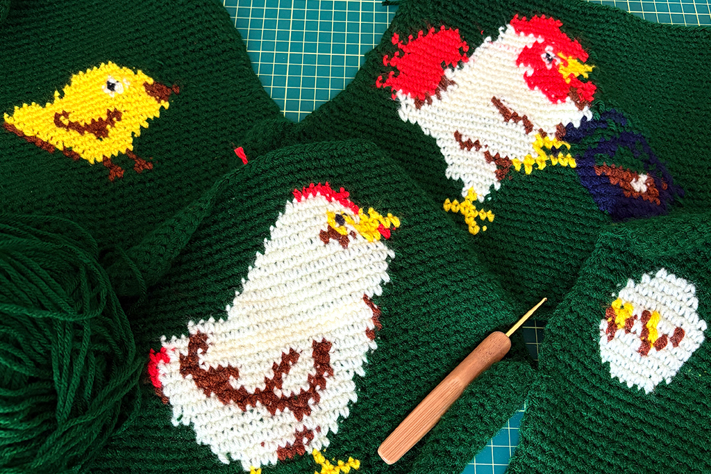 Fotografia de todas as peças de crochê feitas para capa.