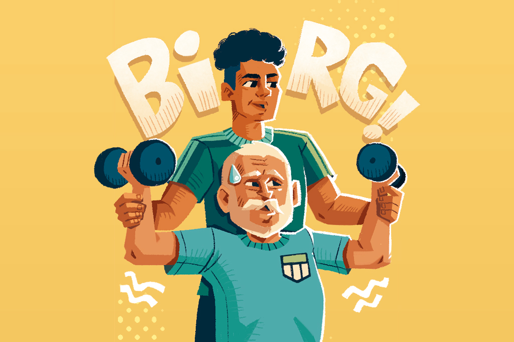 Ilustração, em fundo alaranjado, de um profissional de educação física dando aula para um senhor idoso.