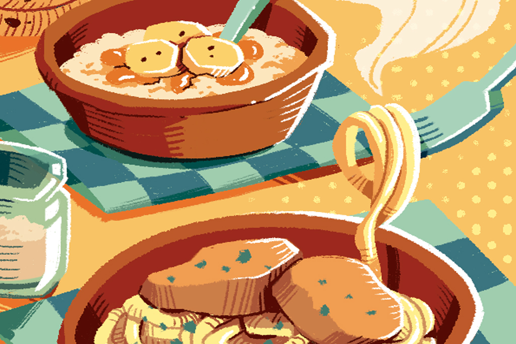 Ilustração, em fundo alaranjado, de dois pratos de comida.