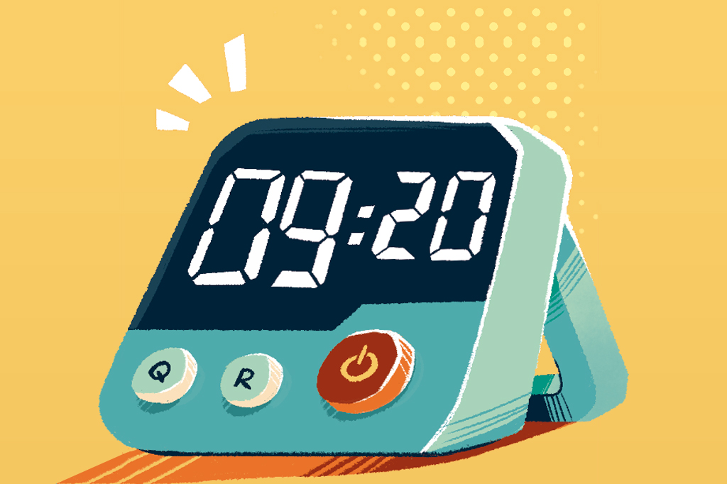 Ilustração, em fundo alaranjado, de um relógio digital despertador azul, marcando 9:20hs.
