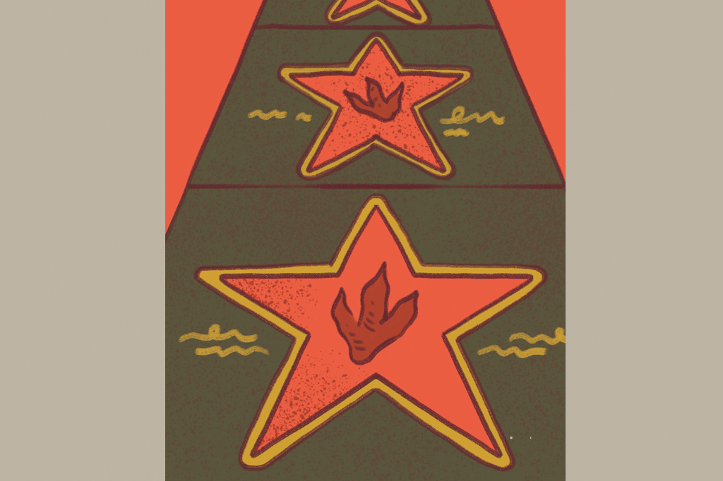 Ilustração, em fundo areia, de uma calçada da fama com pegadas de dinossauro.