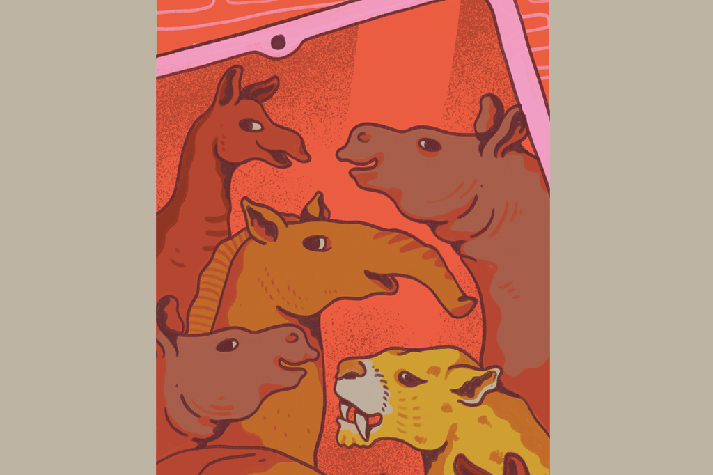 Ilustração, em fundo areia, de cinco mamíferos pré-históricos fazem pose para uma foto.