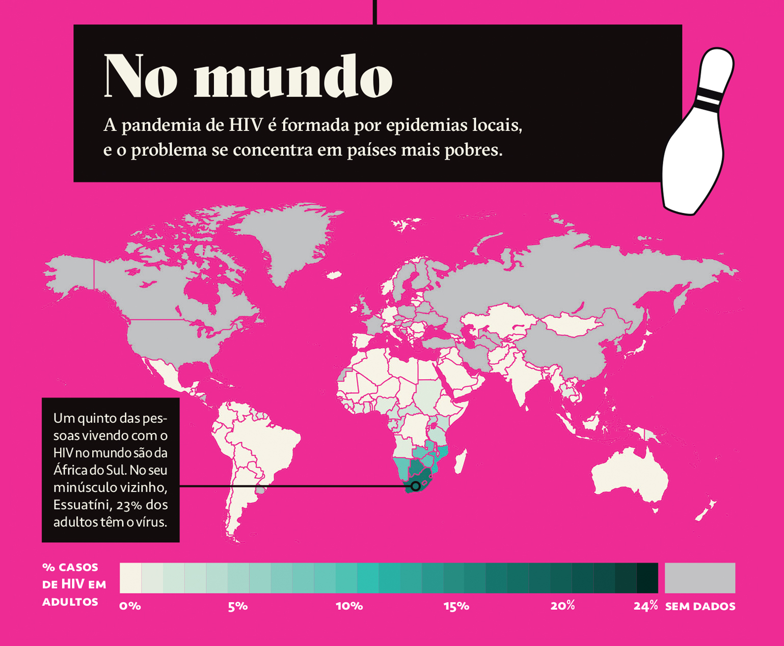 Mapa, em fundo rosa choque, sobre a pandemia de HIV no mundo.
