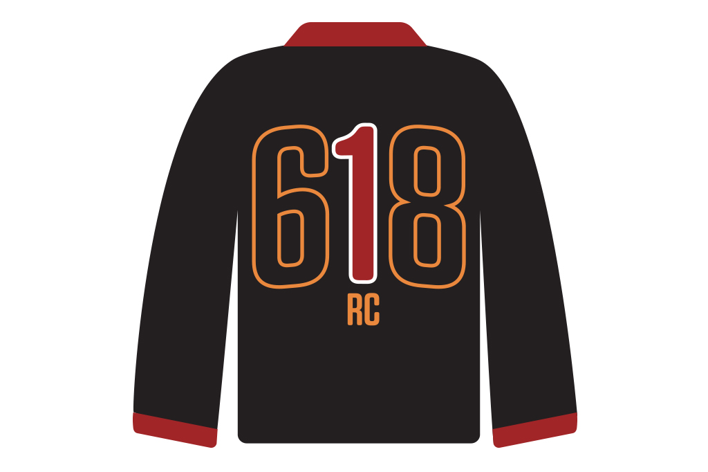 Ilustração, em fundo branco, de uma camisa de futebol preta e vermelha.