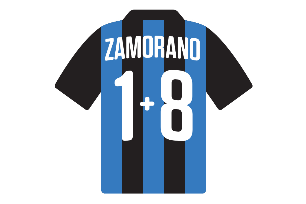 Ilustração, em fundo branco, de uma camisa de futebol azul e preta.