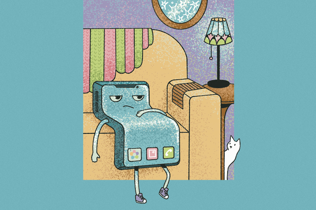 Ilustração cômica, em fundo verde, de um telefone celular entediado, descansando num sofá.