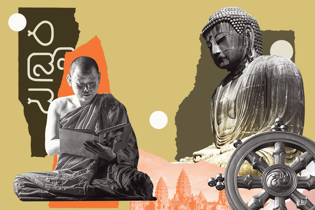 Colagem, em fundo marrom claro, composta de imagens de uma estátua grande de Buda, um templo, um timão e um monge lendo um livro.