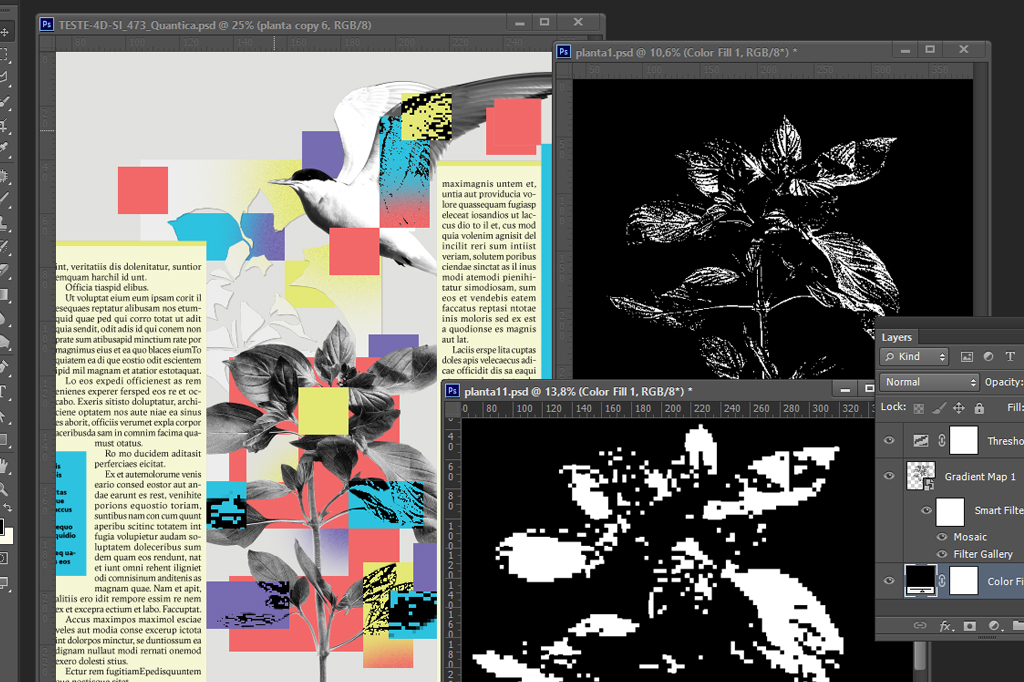 Imagem mostrando um print da tela durante o processo de colagem, com o primeiro teste aberto e dois outros arquivos mostrando etapas diferentes da mesma imagem pixelada.