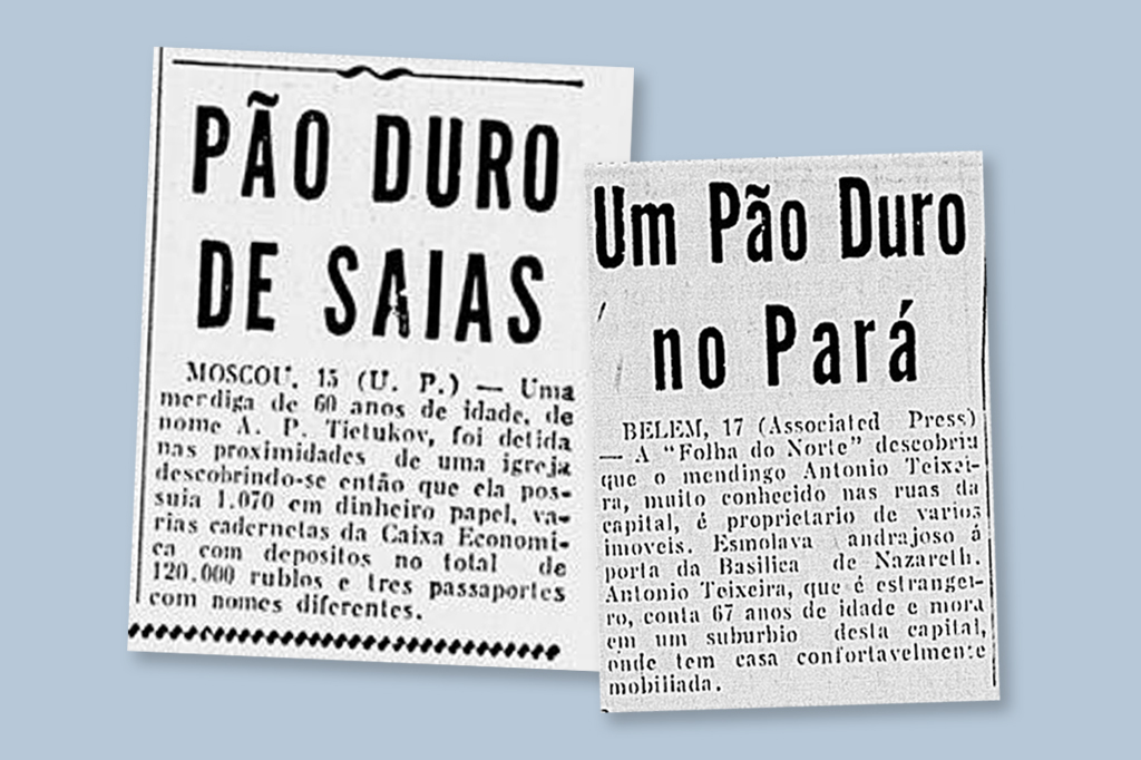 Imagem, em fundo lilás, com recorte de duas notícias de jornal.