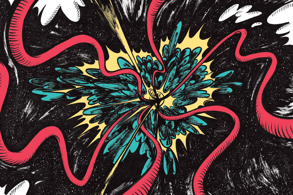 Ilustração cósmica, multicolorida, em estilo retrô. Vê-se, de forma aleatória, raios.