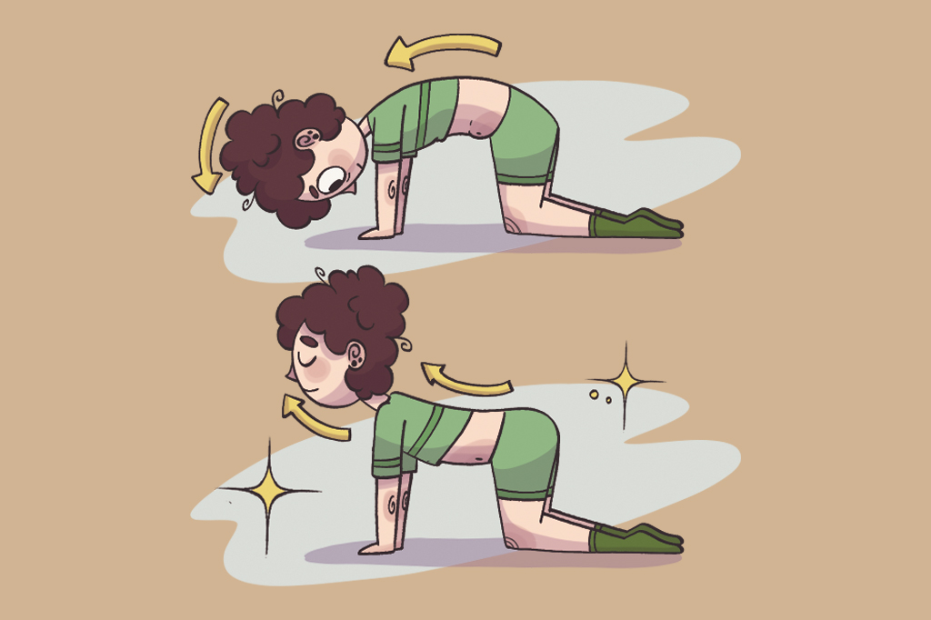 Ilustração, em fundo marrom, de uma garota suando enquanto se alonga.