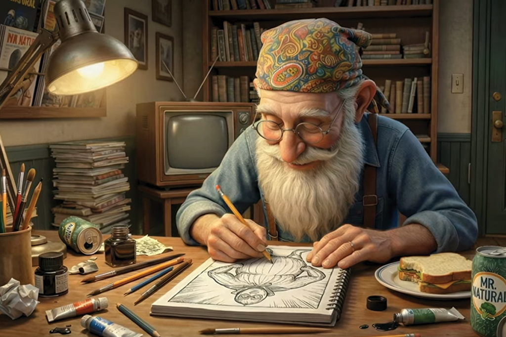 Imagem de um senhor de longa barba branca, usando toca e casaco azul, fazendo um desenho num caderno sobre a mesa. Ao fundo, vê-se, uma antiga TV e uma estante de livros.