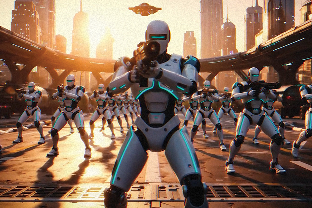 Imagem de um exército de robôs armados. Ao fundo, vê-se uma cidade futurista.