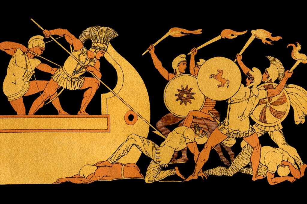 Ilustração, em fundo preto, de uma batalha na Grécia Antiga. Ajax defendendo o navio grego contra os troianos.