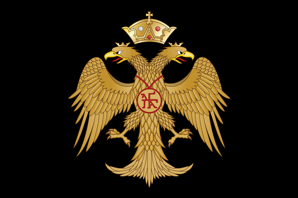 Imagem, em fundo preto, do brasão do Império Bizantino. Vê-se uma águia de duas cabeças.